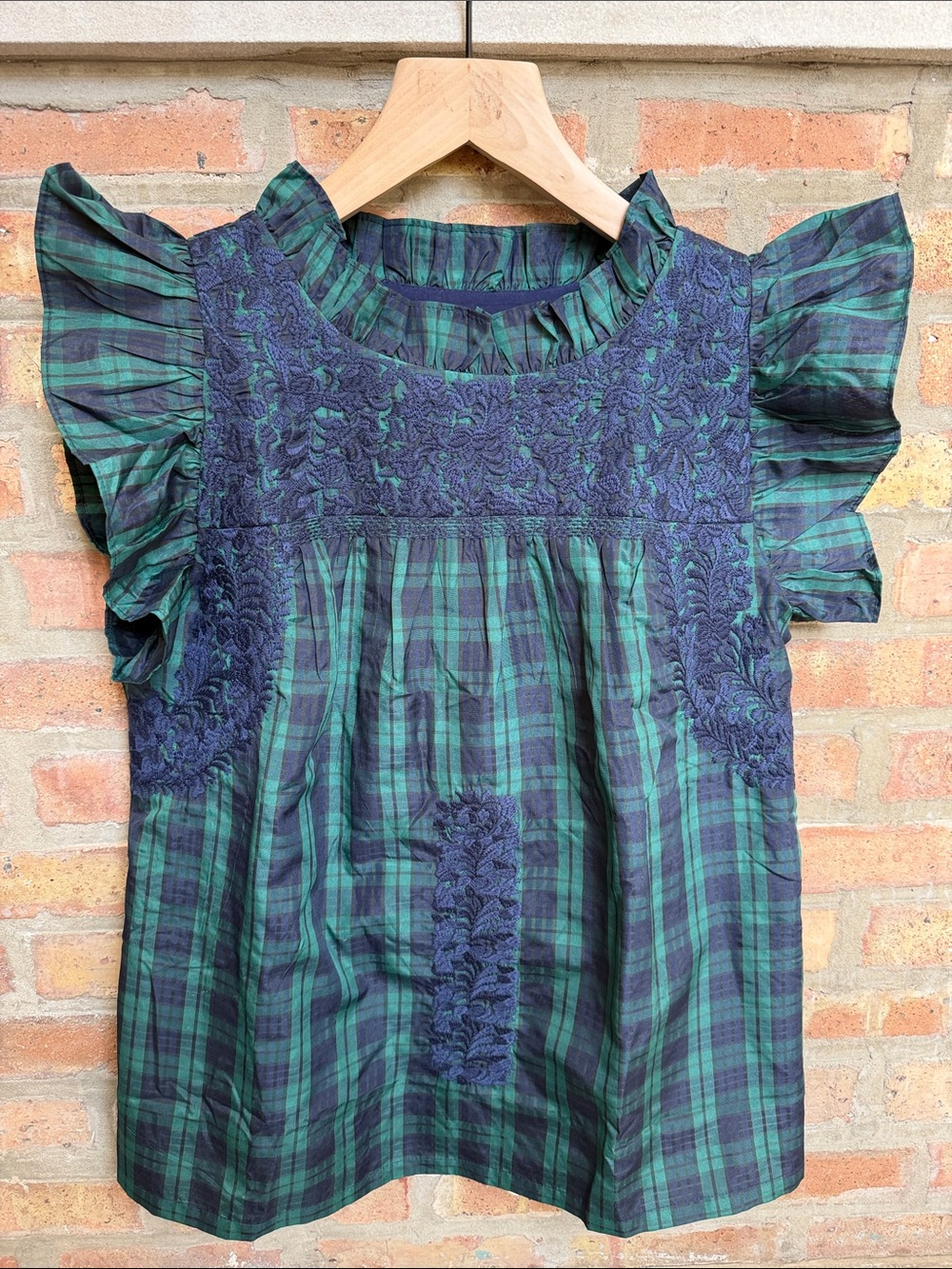 J.Marie Joyce embroidered ruffle plaid top